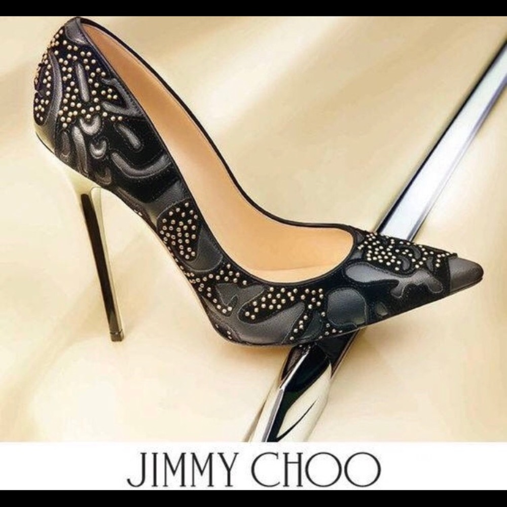 Jimmy Choo Anouk Flocked Black Studded Pumps